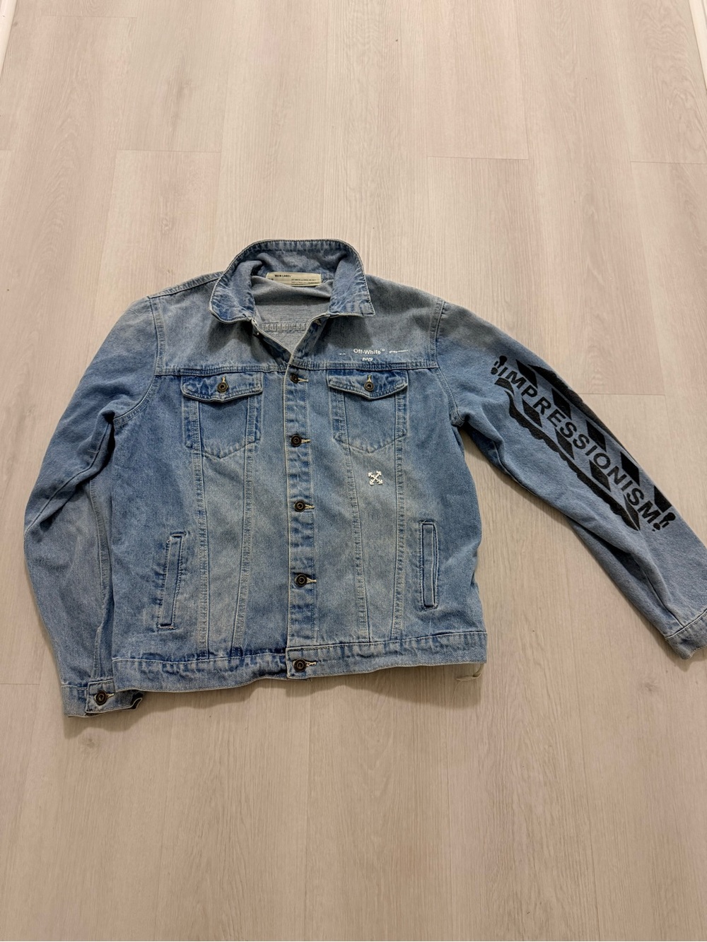 Off-White Light Blue Denim Trucker Jacket Sleeve 'IMPRESSIONISM' 2019 Sz Large